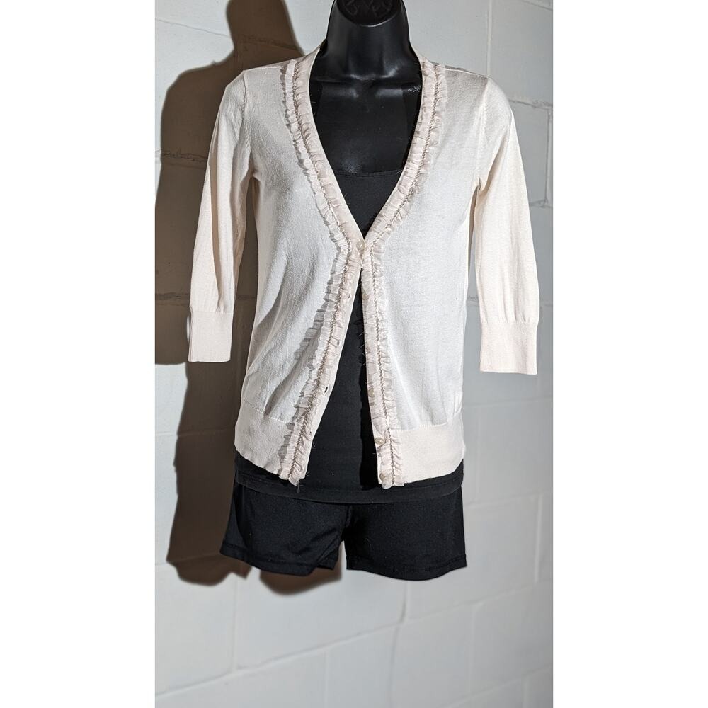 Merona Ruffle Trim Cardigan Sweater, 3/4 Sleeve Cotton Classic Knit Top Xsmall
